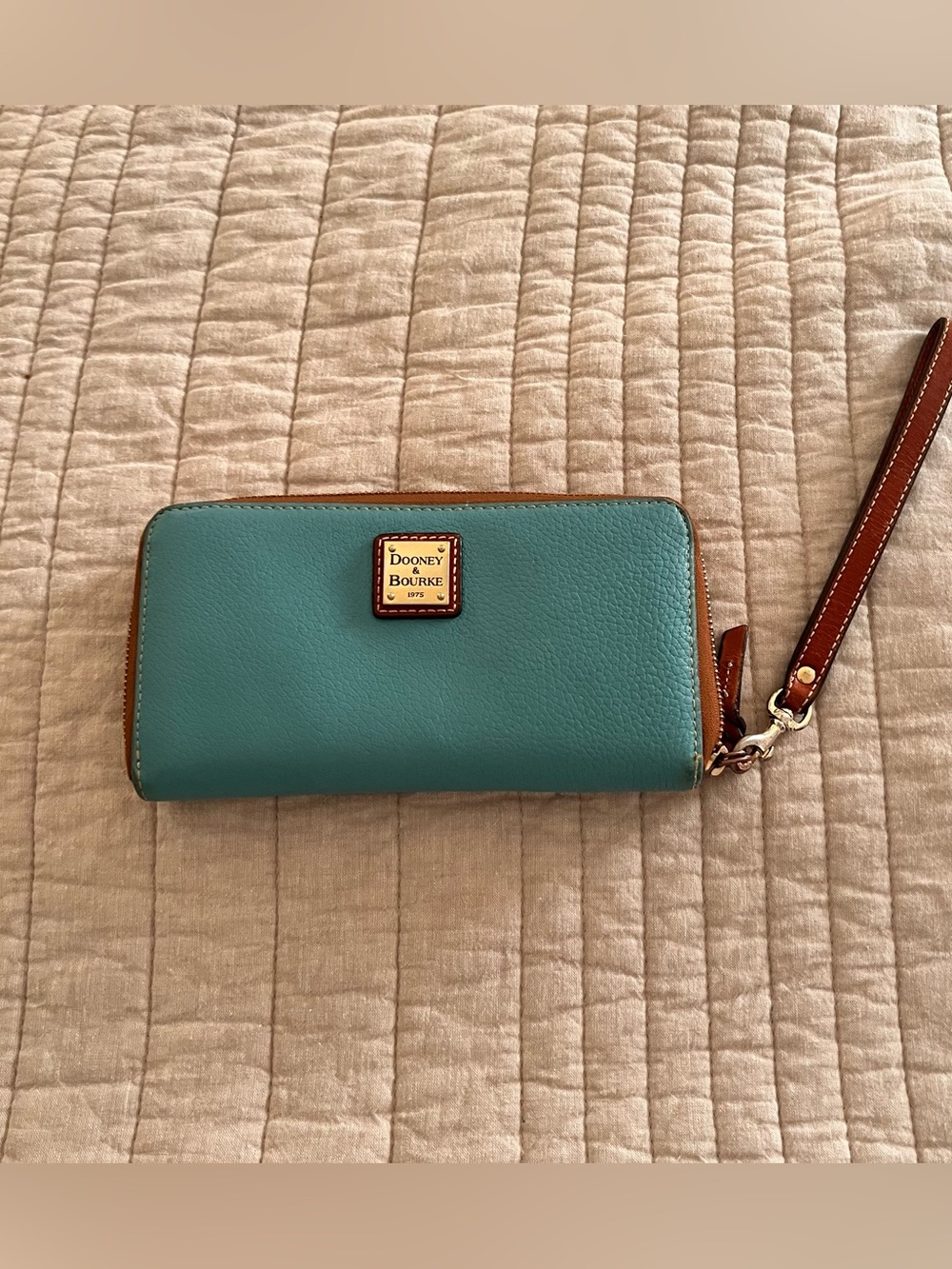 Dooney & Bourke Teal Zip Wristlet with Brown Trim